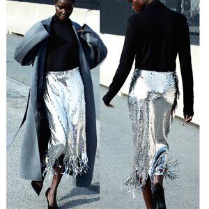 💥SHOWSTOPPER💥1920's Flapper Style Silver Sequin Fringe Pencil Midi Skirt